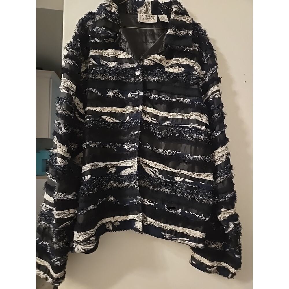 Black/White Silk Lightweight Jacket Fringe Lace Career Boho sz M